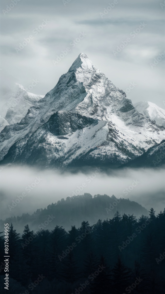 Majestic Snow-Covered Mountain Peak Rising Above Misty Forest Landscape