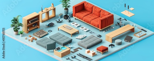 Imagine a modern scenario where a consumer watches holographic tutorials on a smartphone to assemble furniture Create a digital illustration with step-by-step instructions and floa photo