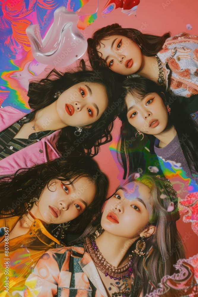 Vibrant K-Pop Girl Group Collage and 2000s Teen Magazine Fashion Illustration. Vibrant K-Pop Girl Group Collage and 2000s Teen Magazine Fashion Illustration.