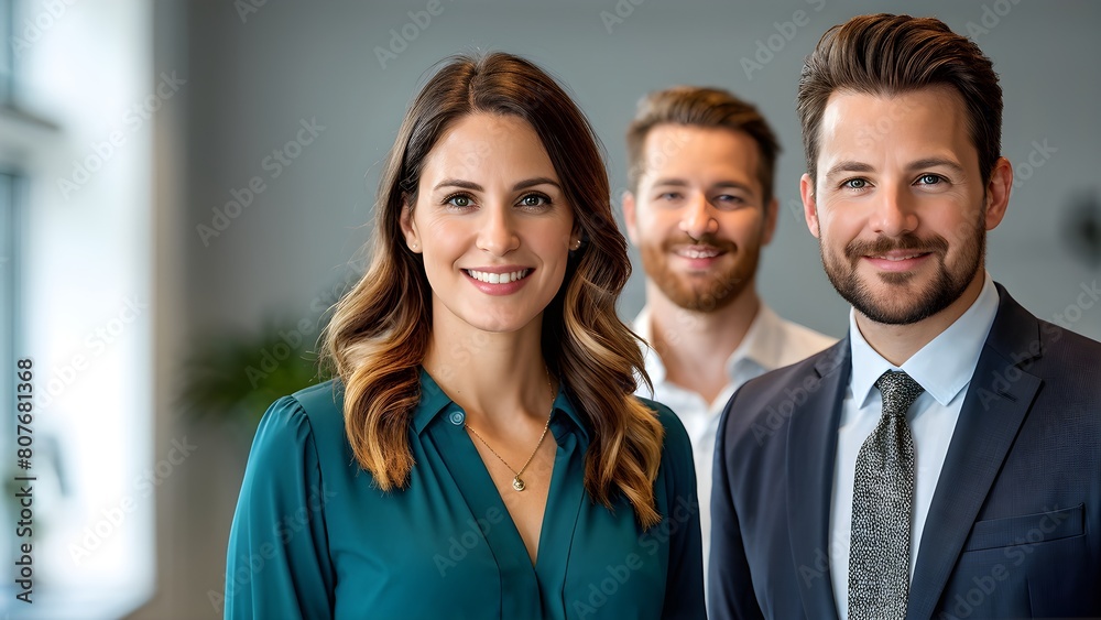 AI generated group of smiling business professionals in an office environment