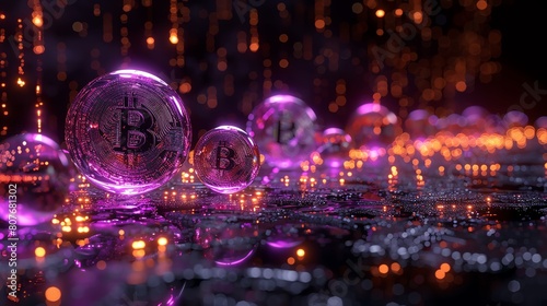 A beautiful 3D rendering of a futuristic cyrptocurrency. Glowing purple and pink neon lights and a shiny reflective surface.