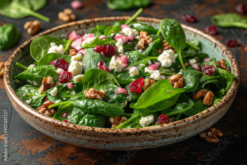 Rustic spinach salad with goat cheese, walnuts, and dried cranberries, wood background. AI generated.