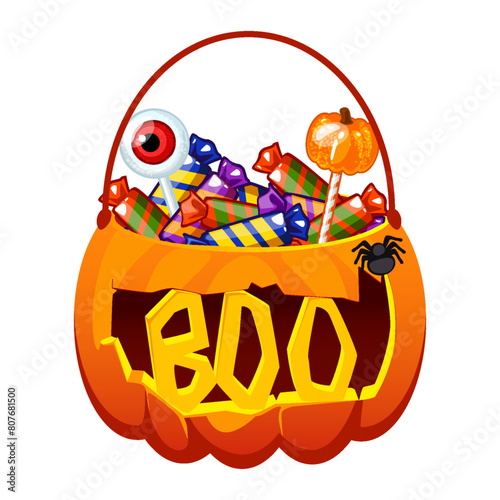 Halloween Pumpkin bucket with candies. Pumpkin Bag with lollipops, sweets, candy. Trick or treat Basket with text BOO