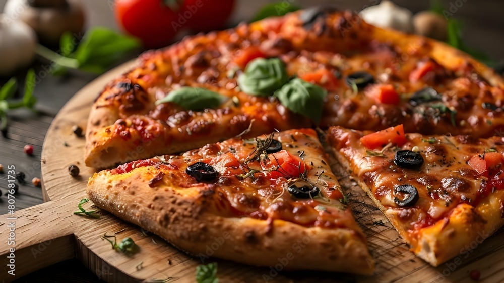 A slice of pizza with melted cheese tomato sauce and assorted toppings. Concept Italian Cuisine, Pizza Toppings, Food Photography