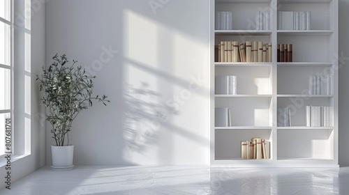 A classic bookshelf with space for books, located in a clean room.