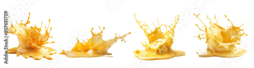 A splash of yellow cheese set on a transparent background. The cheese is thick and has a lot of texture, giving the impression of a splash or a wave. The yellow color is bright and cheerful