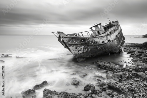 A forgotten shipwreck lying forgotten on a deserted stretch of coastline, its weathered hull slowly succumbing to the relentless forces of wind, Generative AI photo