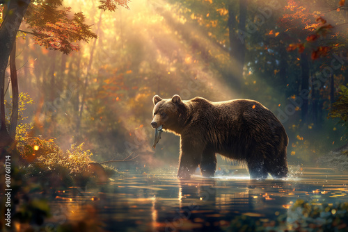 Majestic grizzly bear in the forest photo