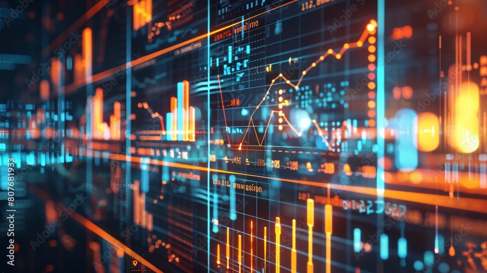 Obraz premium Business analysis big data screen and economic growth with financial graph. Concept of virtual fintech dashboard technology digital marketing and global economy. 3D illustration banner.