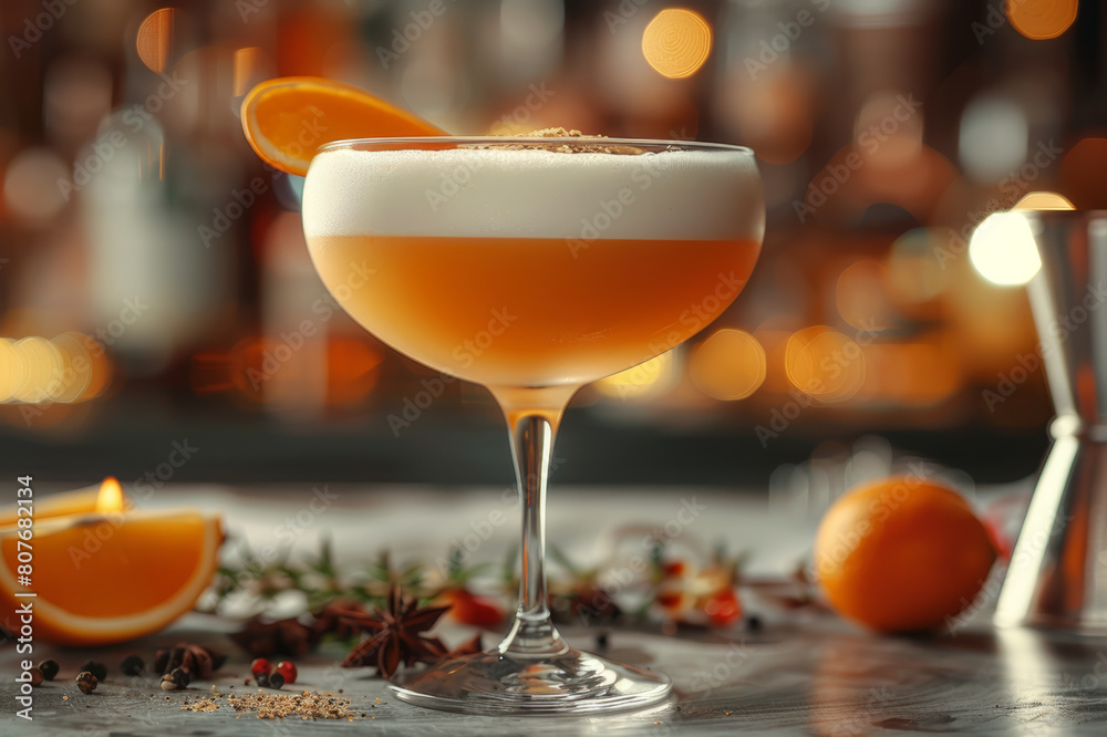 An elegant craft cocktail with a blurred bar background showcasing an array of exotic ingredients.. AI generated. An elegant craft cocktail with a blurred bar background showcasing an array of exotic ingredients.. AI generated.