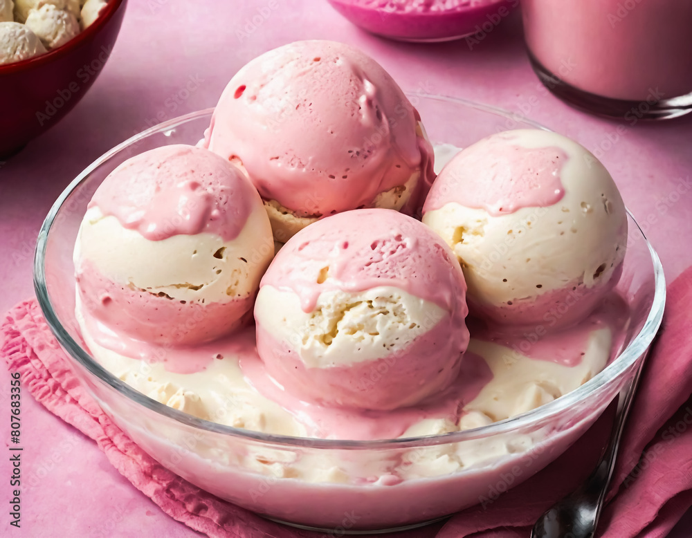 Delicious strawberry and vanilla ice cream in a glass bowl on a pink surface