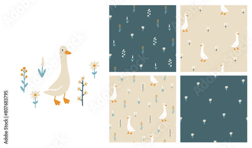 Goose vector seamless pattern collection. Cute cartoon characters between blooming meadow flowers in simple hand-drawn style. The limited vintage palette is perfect for baby prints