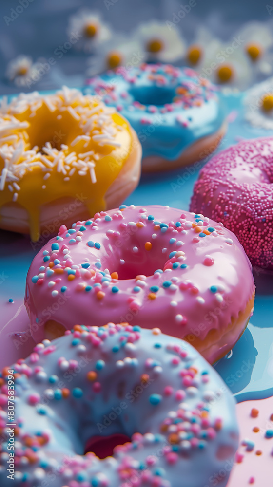 Close-up colorful donuts background. Concept of sugar food and unhealthy lifestyle. Close-up colorful donuts background. Concept of sugar food and unhealthy lifestyle.