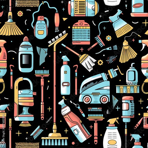Futuristic pattern with various household appliances, seamless pattern, ideal for web design and as a background. Created with AI.