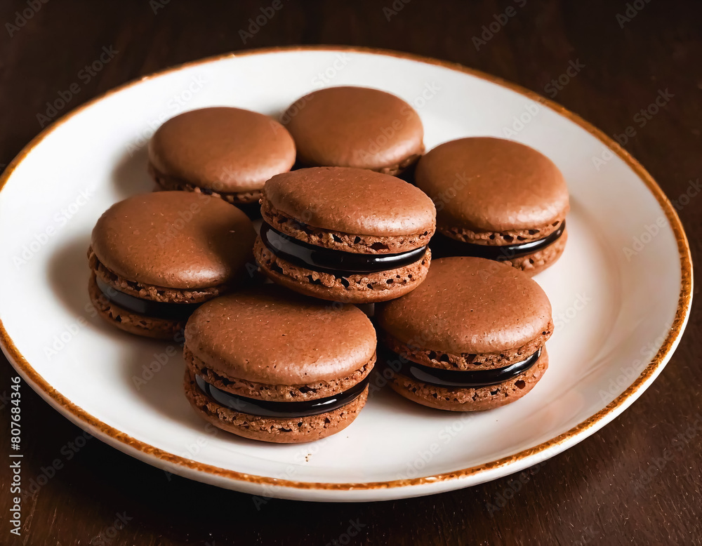 Delicious chocolate macaroons in a porcelain dish on a wooden base Delicious chocolate macaroons in a porcelain dish on a wooden base