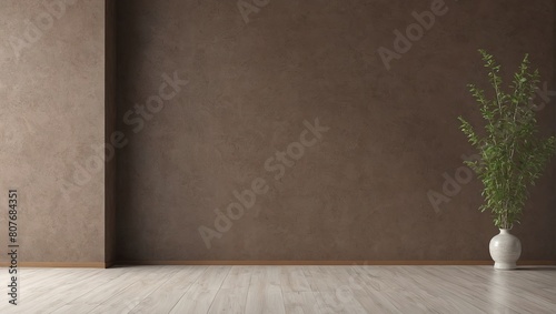 3D rendering of a room's interior background featuring a brown stucco wall and a vase with branches