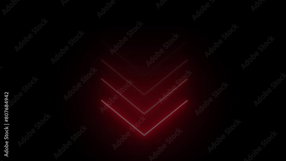 Red neon single-line directional down arrow animation. signal icon. Moving arrow pointing down. Down-direction arrow on black background