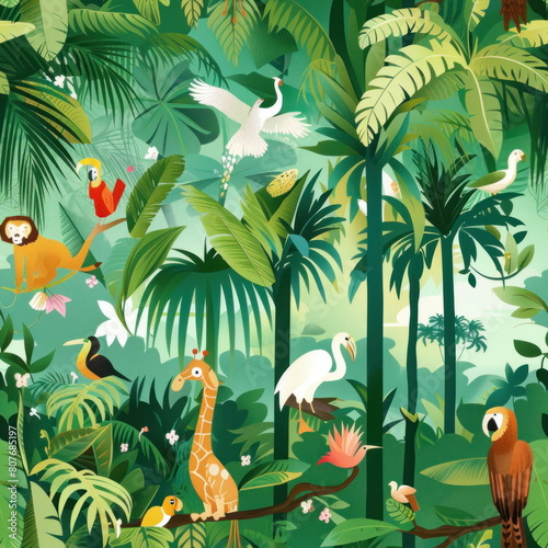 Jungle with tropical  fantasy animals at Amazon forest  palm trees  parrots  wallpaper pattern for seamless