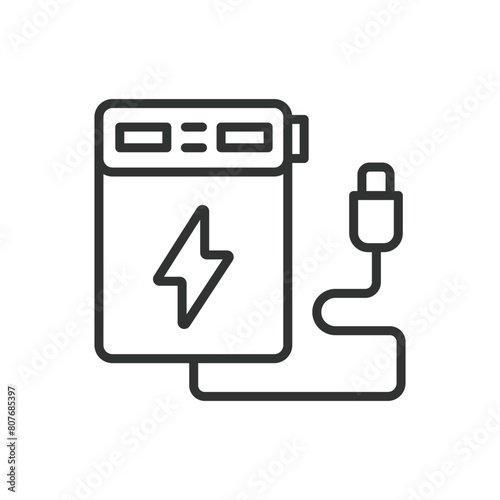 Power bank, in line design, green. Power, bank, portable, recharge, device, battery, technology, energy on white background vector. Power bank editable stroke icon.