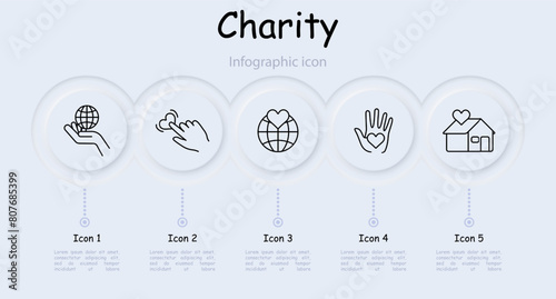Charity set icon. Helping those in need, heart, hands, peace, feelings, infographic, neomorphism, protection, support, assistance, aftercare, humanitarian aid, financial support. Helping concept.