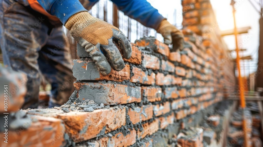 A construction worker is laying bricks on a building site. A construction worker is laying bricks on a building site.