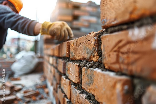 A construction worker is laying bricks on a building site. photo