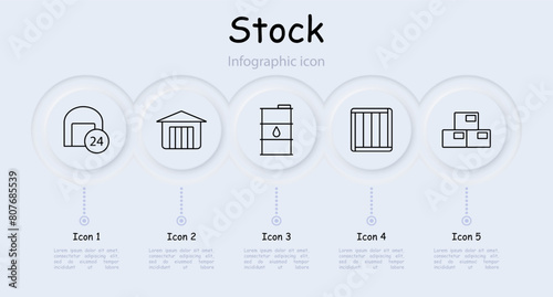 Stock set icon. Reserve, margin, supplies, store, boxes, depot, barrel, oil, mail, port, shelves with warehouses, asterisk, plus, storage, port, infographic, neomorphism. Stockroom concept.