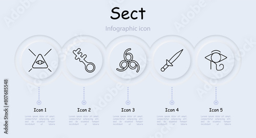 Sect set icon. Pentagram, Sigil of Baphomet, ritual dagger, sacrifices, inverted cross, Satan, 666, eye, key, infographic, worship, belief, faith, persuasion. Cult concept.