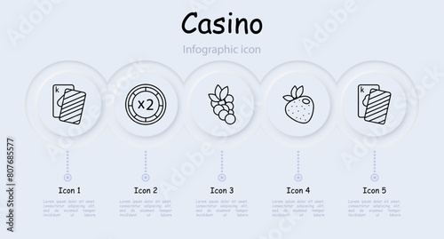Casino set icon. Cards, suits, fruits, win, bet, doubling, chip, money, king, gain, grapes, risks, excitement, ardor, strawberry, dollar, stake. Gambling concept.