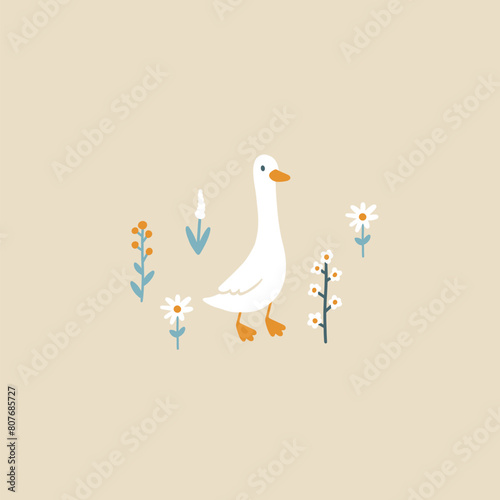 Goose vector collection. Cute cartoon characters between blooming meadow flowers in funny clothes in simple hand-drawn style. The limited vintage palette is perfect for baby prints © Світлана Харчук