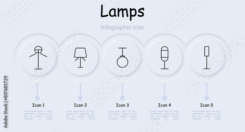 Icon set lamps. Lamps, fixtures, lighting, light, chandelier, lantern, light bulb, illumination, concept, variety, tube, illuminator, glow, luster, infographic. Choice concept.