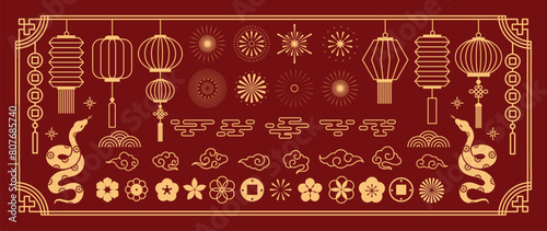 Chinese New Year icons vector set. Year of the snake with snake, cherry blossom flower, firework, hanging lantern, cloud isolated icon of Asian Lunar New Year. Oriental culture tradition illustration. © TWINS DESIGN STUDIO