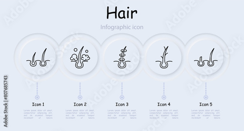 Hair set icon. Cut, infographic, shampoo, trichology, moisturizing, shine, skin itching, volume, hair cream, nutrition, strengthening, split ends, salon procedures, fragility. Hair care concept.