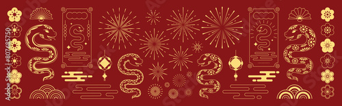 Chinese New Year icons vector set. Year of the snake with snake, cherry blossom flower, firework, hanging lantern, cloud isolated icon of Asian Lunar New Year. Oriental culture tradition illustration.
