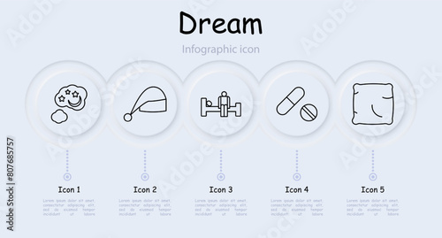 Dream set icon. Slumber, repose, bed, alarm clock, moon, stars, Z, snoring, melatonin, pillow, infographic, sleep cap, neomorphism, black on white. Sleep concept.