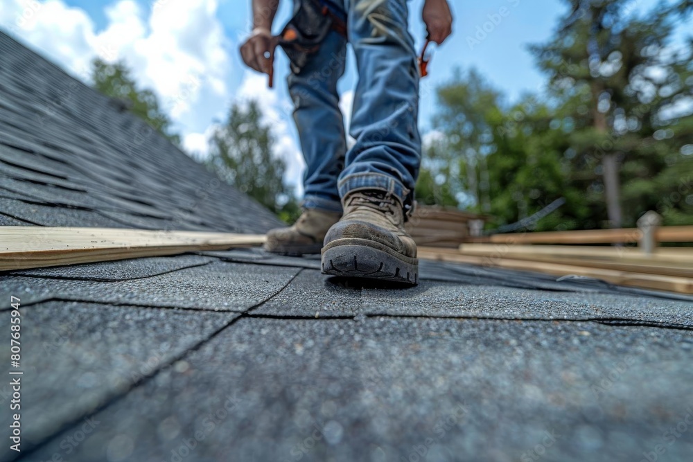 A roofer wearing jeans and boots walks on a roof. He carries a hammer and a nail gun. A roofer wearing jeans and boots walks on a roof. He carries a hammer and a nail gun.