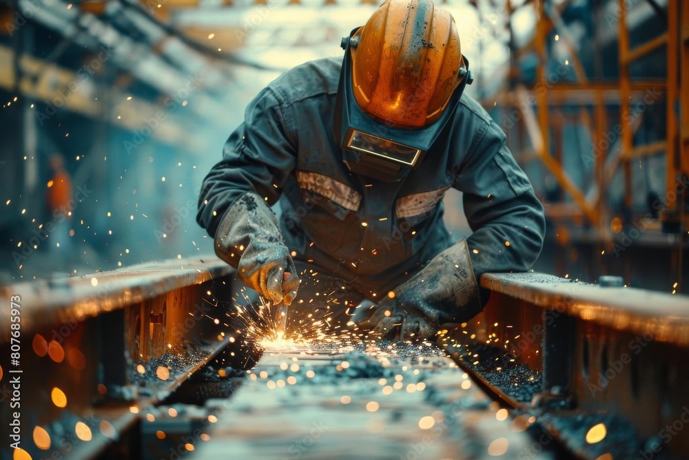 A welder wearing protective gear is welding a metal beam. The welder is using a welding torch to melt the metal and create a strong bond between the two pieces of metal. A welder wearing protective gear is welding a metal beam. The welder is using a welding torch to melt the metal and create a strong bond between the two pieces of metal.