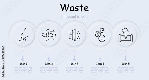 Waste set icon. Air conditioner, air freshener, harmful fumes, wind, dust, air filtration, blower pipe, fan, infographic, gas, skull, poison, infographic, circulation. Atmosphere concept.