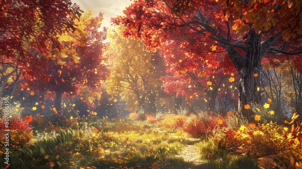 Enchanted autumn forest: a serene landscape bathed in golden sunlight with fluttering leaves and reflective waters