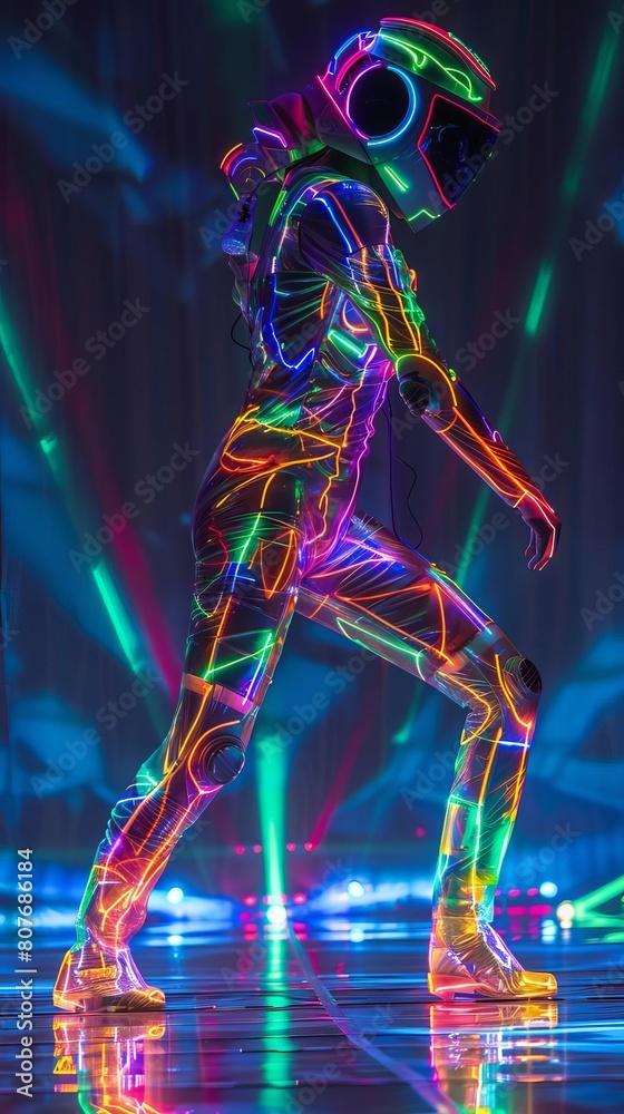 Create a photo of a dancer in a Tron-like suit performing on a stage with bright neon lights in the background. Create a photo of a dancer in a Tron-like suit performing on a stage with bright neon lights in the background.