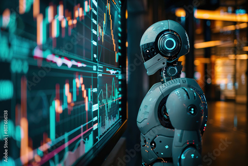 A robot looking at stock market charts and numbers, symbolizing artificial intelligence in trading. The robot is analyzing the data, with empty copy space