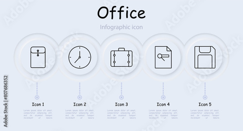 Office set icon. Form, check sheet, statistics, diagram, indicators, infographic, briefcase, folder, portfolio, suitcase, hard drive, flash drive, clock, neomorphism. Department concept.