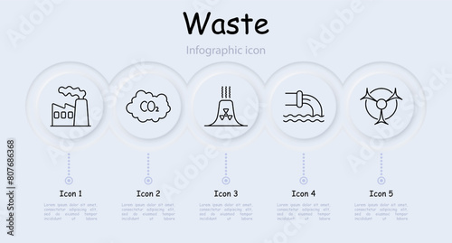 Waste set icon. Infographic, gas, refuse, tailings, cheeseparings, cracked pipe, neomorphism, water, garbage in ocean, radiation, rubbish, nuclear waste, CO2, carbon gas. Refuse concept.
