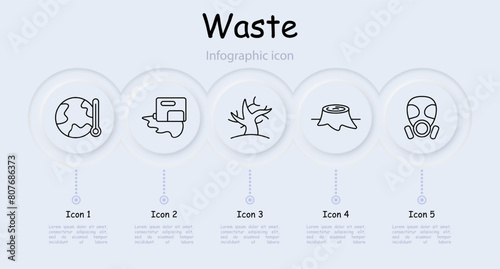 Waste set icon. Infographic, refuse, tailings, cheeseparings, spray can, neomorphism, lungs, plastic, garbage in water, environmental pollution, gas mask, dead tree, wood cutting. Refuse concept.