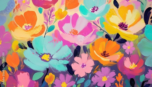 Hand drawn bright artistic abstract floral print. Modern cute collage pattern. Fashionable template for design. Floral pastel pattern, with flowers backgrounds, vibrant acrylic colors brush strokes