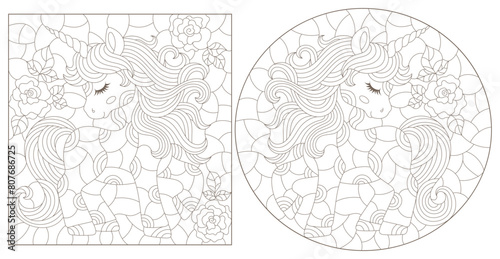 A set of contour illustrations in the style of stained glass with cute cartoon unicorns in the sky, dark outlines on a white background