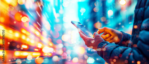 A man holding a mobile phone in his hands,  image of a person using fintech software on his smart phone. Colorful blurred futuristic bright glowing modern buildings and street lights in the background © bagotaj