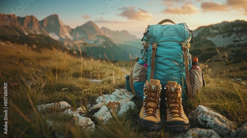 Inviting perspective of hiking boots on a mountain trail with majestic sunset views in the background