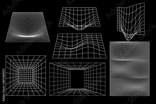 Set of linear black geometric black geometric quadratic rectangular field, plateau frame shapes y2k, 3d. Vector for poster, banner.