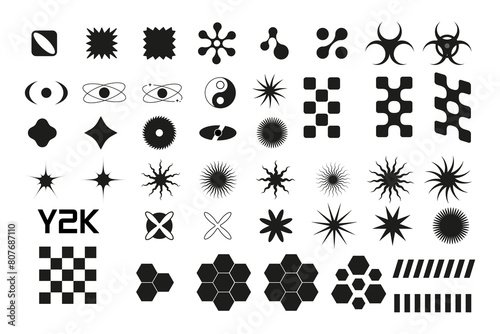White set fill black geometric shapes y2k, 3d . Vector for poster, banner